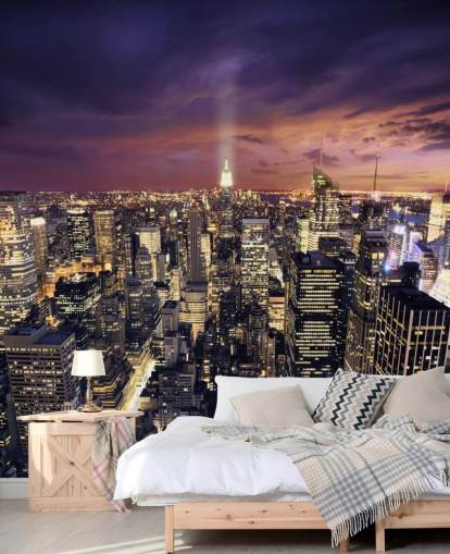 mural oscuro del horizonte de Nueva York llamado Rascacielos de Nueva York para dormitorios y salas de estar
