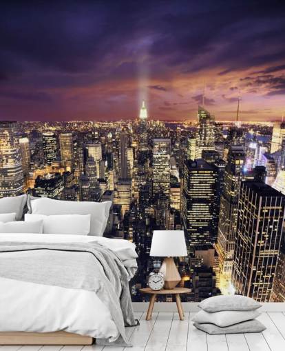 mural oscuro del horizonte de Nueva York llamado Rascacielos de Nueva York para dormitorios y salas de estar