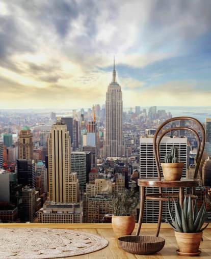 luminosa carta da parati murale di New York City chiamata Manhattan Skyline per camere da letto, salotti e sale da pranzo