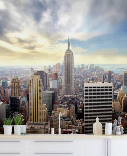 mural brillante de papel pintado de la ciudad de Nueva York llamado Manhattan Skyline para dormitorios, salas de estar y comedores
