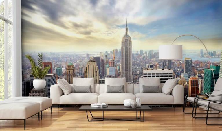 Wall Mural City from Above - Photo of New York from behind the Glass of an  Apartment Building - New York - Cities - Wall Murals