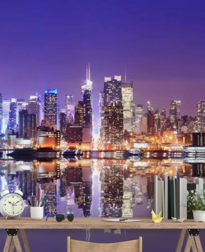 mural personalizado de papel pintado nocturno de Nueva York llamado Manhattan Reflections para oficinas