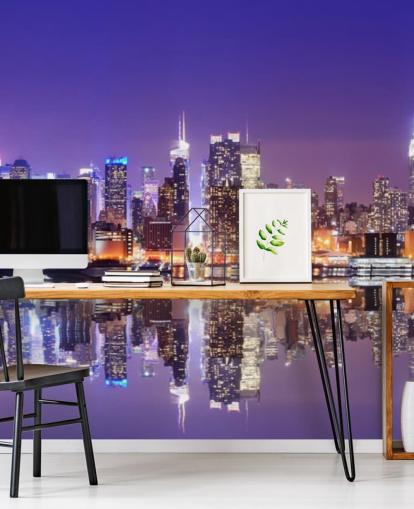 custom New York at night wallpaper mural called Manhattan Reflections for offices custom New York at night wallpaper mural called Manhattan Reflections for offices