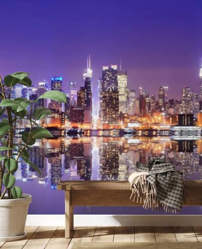 anpassad New York på natten tapetväggmålning som heter Manhattan Reflections för kontor
