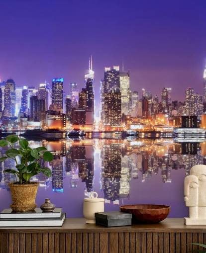 mural de papel de parede personalizado de Nova York à noite chamado Manhattan Reflections para escritórios