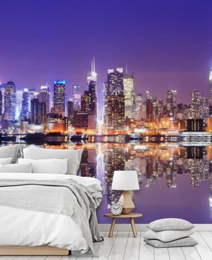 op maat gemaakte muurschildering in New York bij nacht genaamd Manhattan Reflections voor kantoren op maat gemaakte muurschildering in New York bij nacht genaamd Manhattan Reflections voor kantoren