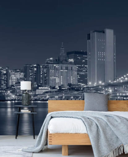 mural de papel de parede personalizado em preto e branco da cidade de Nova York chamado Manhattan at Night para salas de estar, escritórios e quartos