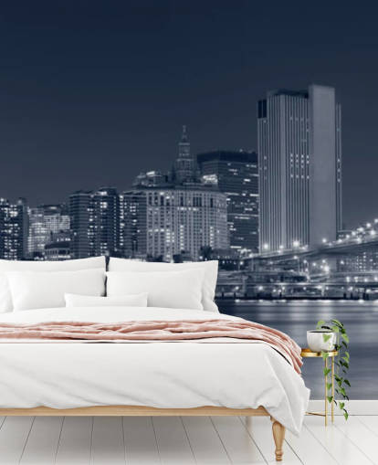 black and white custom New York City wallpaper mural called Manhattan at Night for living rooms, offices and bedrooms