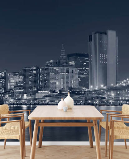 black and white custom New York City wallpaper mural called Manhattan at Night for living rooms, offices and bedrooms