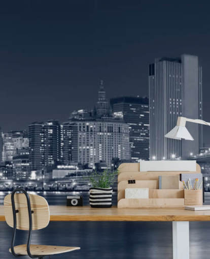 mural de papel pintado personalizado en blanco y negro de la ciudad de Nueva York llamado Manhattan at Night para salas de estar, oficinas y dormitorios