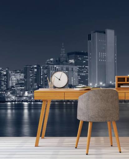 mustavalkoinen mukautettu New York Cityn taustakuvamaalaus nimeltä Manhattan at Night olohuoneisiin, toimistoihin ja makuuhuoneisiin
