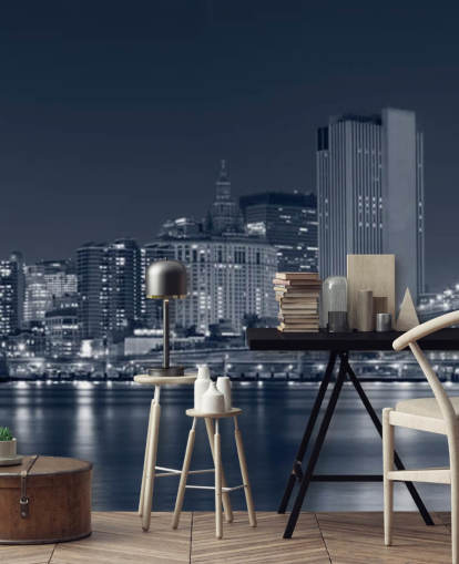 schwarz-weißes individuelles New York City-Tapeten-Wandbild mit dem Titel Manhattan at Night für Wohnzimmer, Büros und Schlafzimmer schwarz-weißes individuelles New York City-Tapeten-Wandbild mit dem Titel Manhattan at Night für Wohnzimmer, Büros und Schlafzimmer