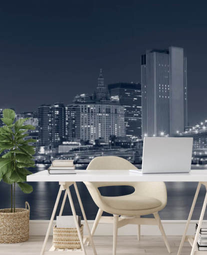 mural de papel pintado personalizado en blanco y negro de la ciudad de Nueva York llamado Manhattan at Night para salas de estar, oficinas y dormitorios