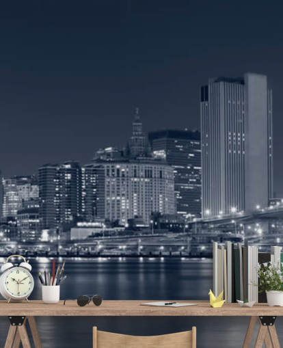 black and white custom New York City wallpaper mural called Manhattan at Night for living rooms, offices and bedrooms