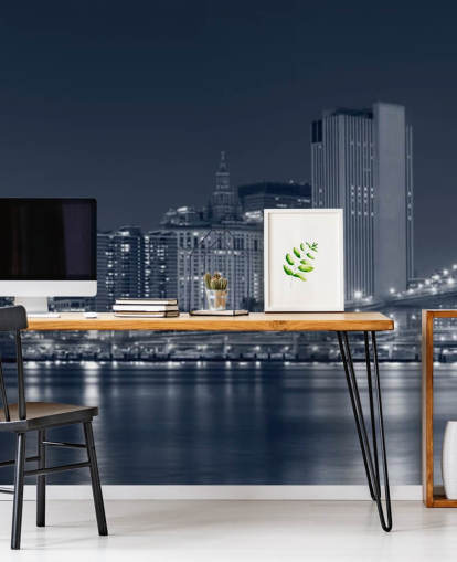 black and white custom New York City wallpaper mural called Manhattan at Night for living rooms, offices and bedrooms