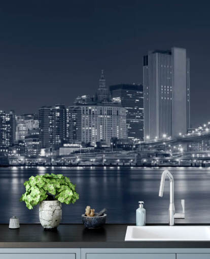 carta da parati murale personalizzata in bianco e nero di New York City chiamata Manhattan at Night per salotti, uffici e camere da letto