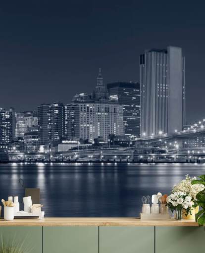 mural de papel de parede personalizado em preto e branco da cidade de Nova York chamado Manhattan at Night para salas de estar, escritórios e quartos
