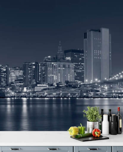 mural de papel pintado personalizado en blanco y negro de la ciudad de Nueva York llamado Manhattan at Night para salas de estar, oficinas y dormitorios