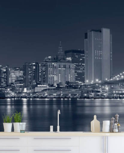 mural de papel de parede personalizado em preto e branco da cidade de Nova York chamado Manhattan at Night para salas de estar, escritórios e quartos mural de papel de parede personalizado em preto e branco da cidade de Nova York chamado Manhattan at Night para salas de estar, escritórios e quartos