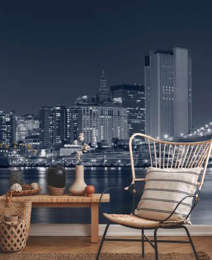 black and white custom New York City wallpaper mural called Manhattan at Night for living rooms, offices and bedrooms