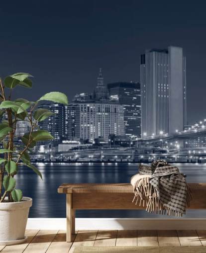 black and white custom New York City wallpaper mural called Manhattan at Night for living rooms, offices and bedrooms