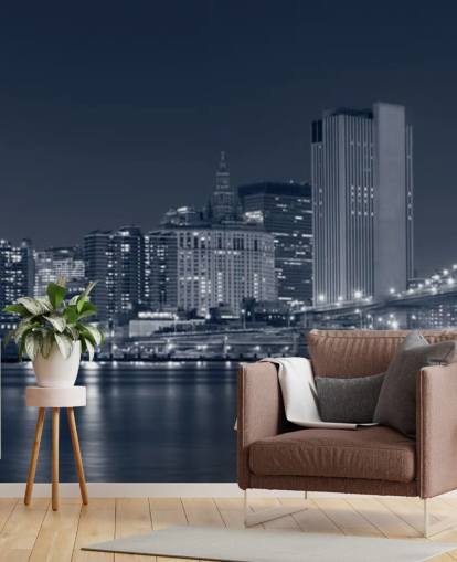 black and white custom New York City wallpaper mural called Manhattan at Night for living rooms, offices and bedrooms