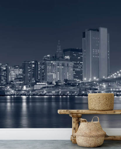 carta da parati murale personalizzata in bianco e nero di New York City chiamata Manhattan at Night per salotti, uffici e camere da letto