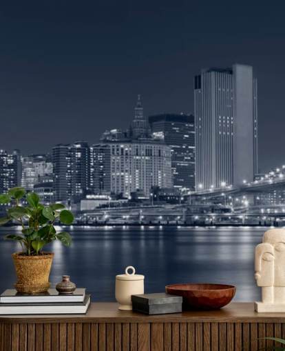 zwart-wit op maat gemaakte New York City behangmuurschildering genaamd Manhattan at Night voor woonkamers, kantoren en slaapkamers