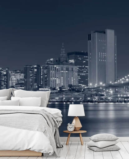 svartvit anpassad New York City tapetväggmålning som heter Manhattan at Night för vardagsrum, kontor och sovrum