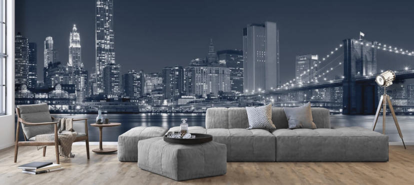mural de papel pintado personalizado en blanco y negro de la ciudad de Nueva York llamado Manhattan at Night para salas de estar, oficinas y dormitorios