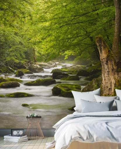 green and grey river forest wallpaper mural called Great Smoky Mountains Tremont River