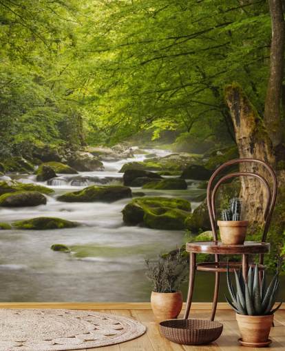 mural de papel pintado de bosque de río verde y gris llamado Great Smoky Mountains Tremont River