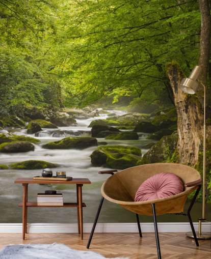 groene en grijze muurschildering op het rivierbos genaamd Great Smoky Mountains Tremont River