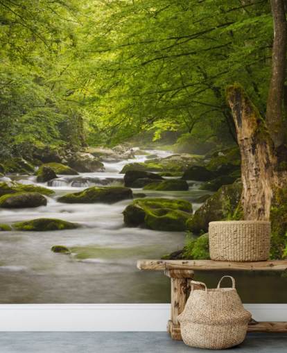 grüne und graue Flusswald-Wandtapete mit dem Titel Great Smoky Mountains Tremont River