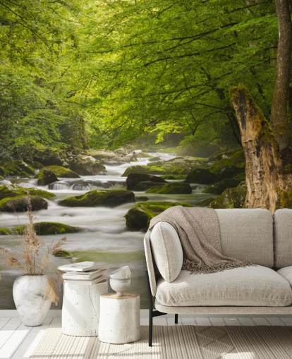 mural de papel de parede de floresta fluvial verde e cinza chamado Great Smoky Mountains Tremont River