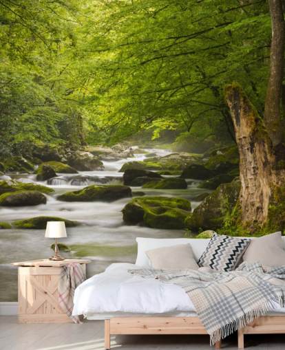 mural de papel pintado de bosque de río verde y gris llamado Great Smoky Mountains Tremont River