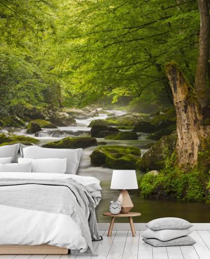 green and gray river forest wallpaper mural called Great Smoky Mountains Tremont River