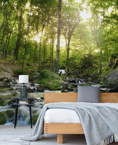 grüne Wasserfall-Tapete namens Forest Waterfall at Wallsauce für Schlafzimmer, Badezimmer und Büros