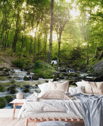 green waterfall wallpaper called Forest Waterfall at Wallsauce for bedrooms, bathrooms and offices