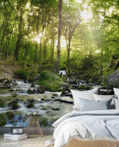 green waterfall wallpaper called Forest Waterfall at Wallsauce for bedrooms, bathrooms and offices
