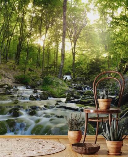 grüne Wasserfall-Tapete namens Forest Waterfall at Wallsauce für Schlafzimmer, Badezimmer und Büros