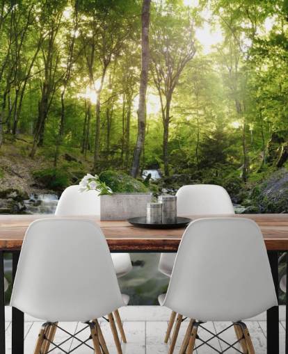 green waterfall wallpaper called Forest Waterfall at Wallsauce for bedrooms, bathrooms and offices