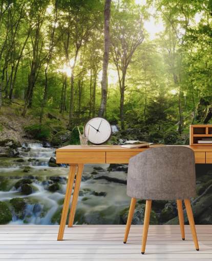 papel pintado de cascada verde llamado Forest Waterfall en Wallsauce para dormitorios, baños y oficinas