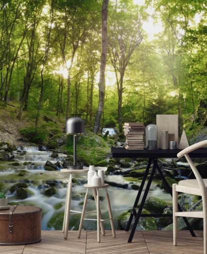 grön vattenfall tapet kallad Forest Waterfall på Wallsauce för sovrum, badrum och kontor