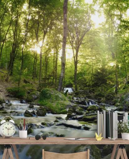 grön vattenfall tapet kallad Forest Waterfall på Wallsauce för sovrum, badrum och kontor