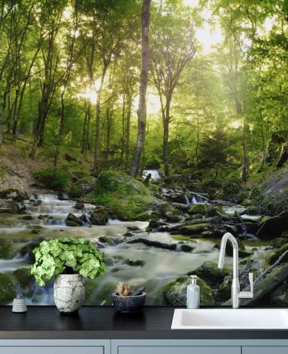 green waterfall wallpaper called Forest Waterfall at Wallsauce for bedrooms, bathrooms and offices