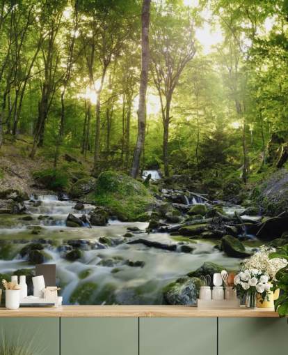 carta da parati verde a cascata chiamata Forest Waterfall at Wallsauce per camere da letto, bagni e uffici