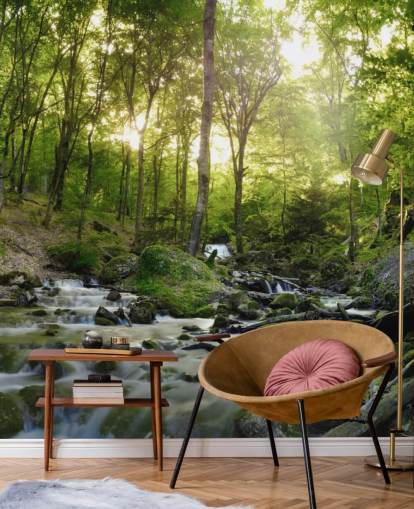 papel pintado de cascada verde llamado Forest Waterfall en Wallsauce para dormitorios, baños y oficinas