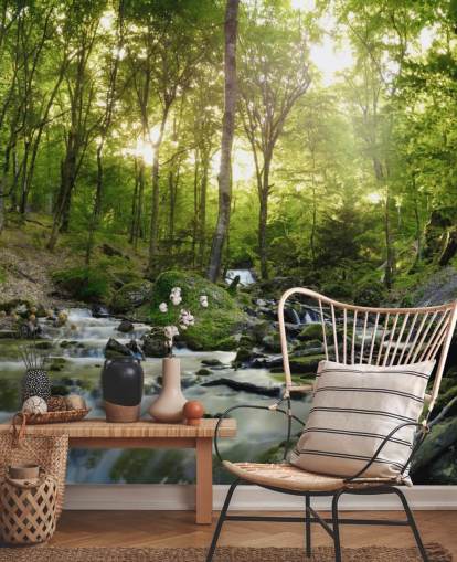 green waterfall wallpaper called Forest Waterfall at Wallsauce for bedrooms, bathrooms and offices