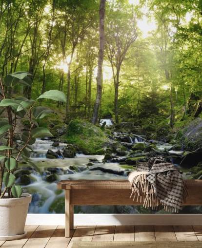 papel de parede de cachoeira verde chamado Forest Waterfall at Wallsauce para quartos, banheiros e escritórios